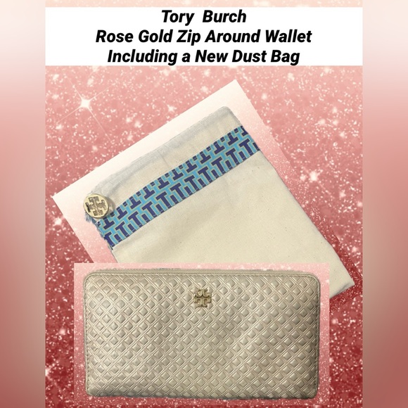 Tory Burch Wallet & Dust Bag Zip Around Rose Gold Quilted Leather 8 Card Slots - Picture 1 of 12